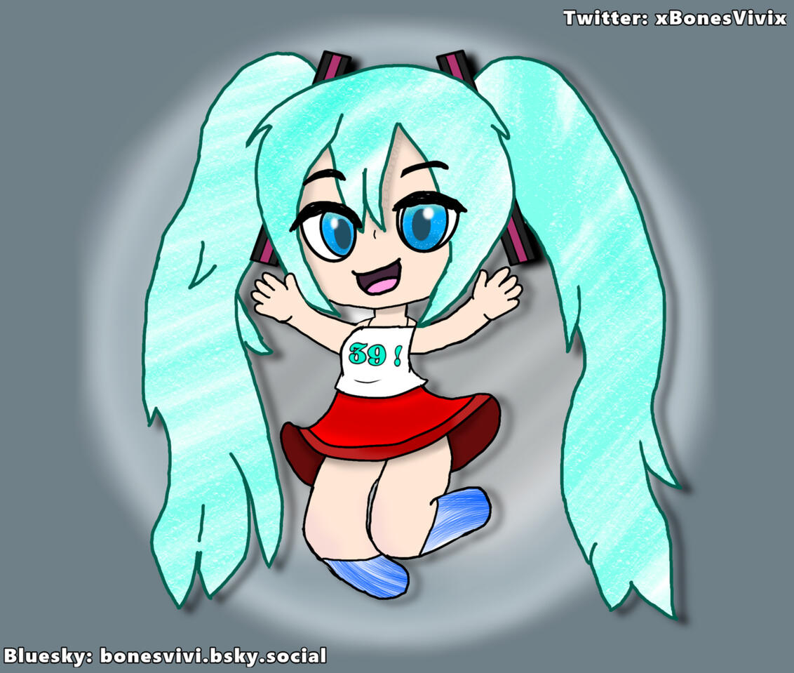 "Chibi Miku in a dress jumping" - Finished on the 4th of October 2023